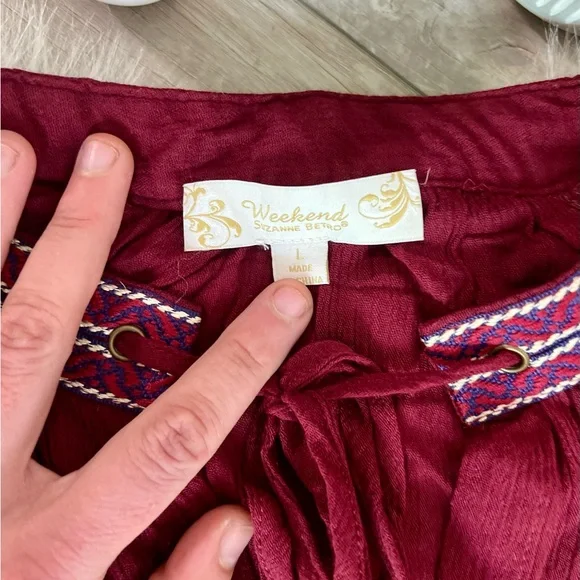SUZANNE BETRO weekend | NWOT Maroon Embroidered Peasant Blouse (L) - Picture 6 of 10